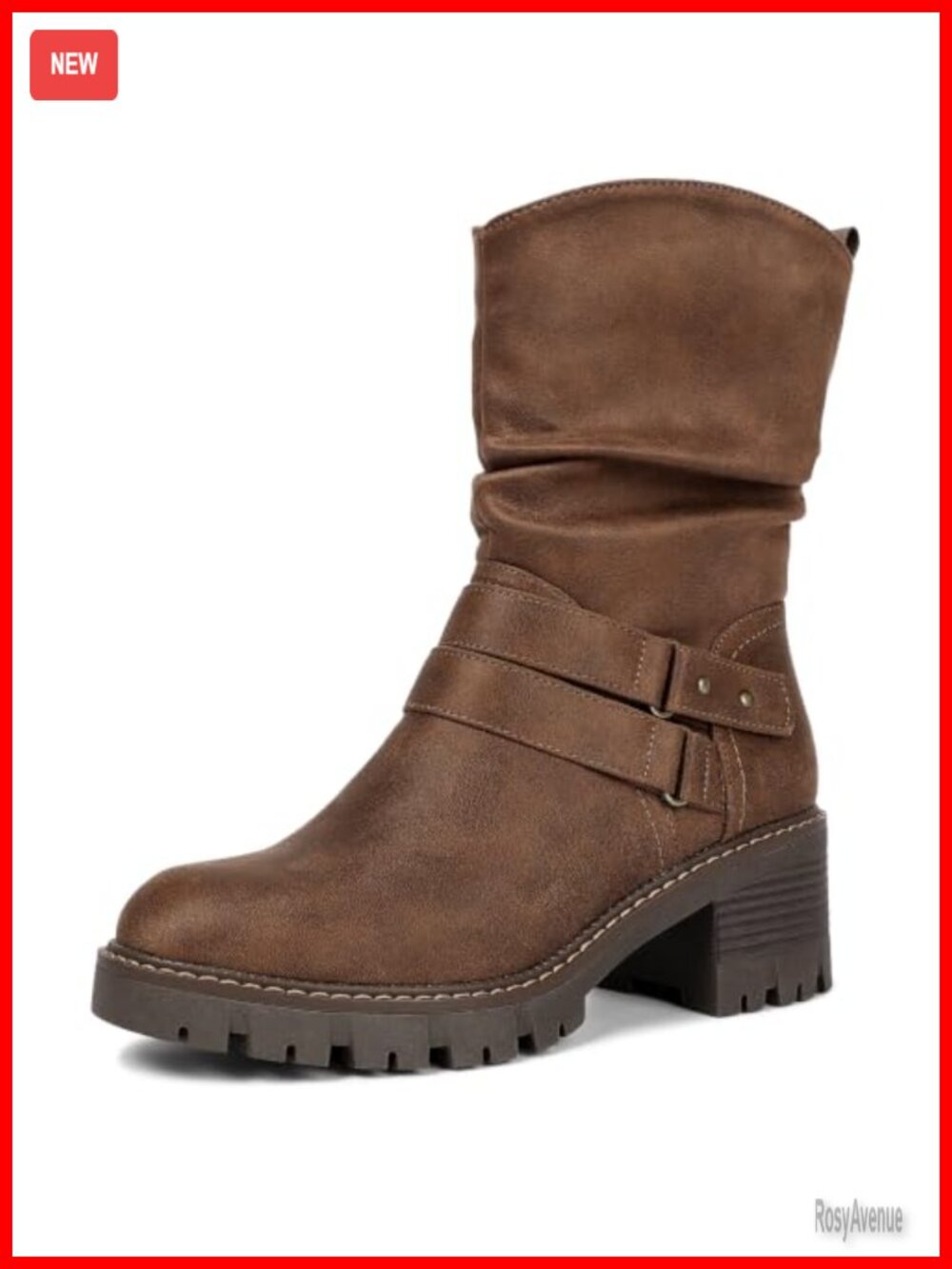 Faux Leather Mid-Calf Boots Chunky Block Heel Side Zip Women's